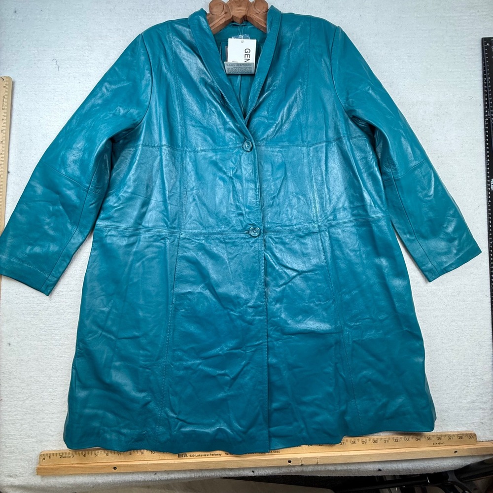 Jessica London Teal Blue Leather Trench Coat Plus Size 18W Long Y2K mob wife